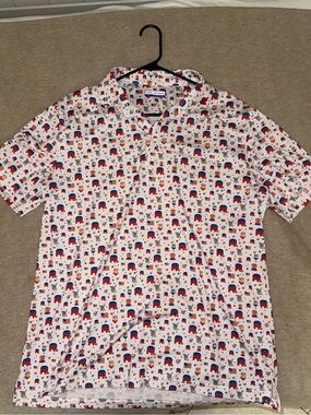 Fore Fathers White Short-Sleeve Golf Polo with Red & Blue Elephant Print